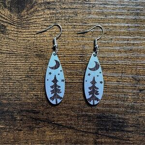 Pine Tree Star and Moon Tear Drop Earrings - Wood - Blue, Black